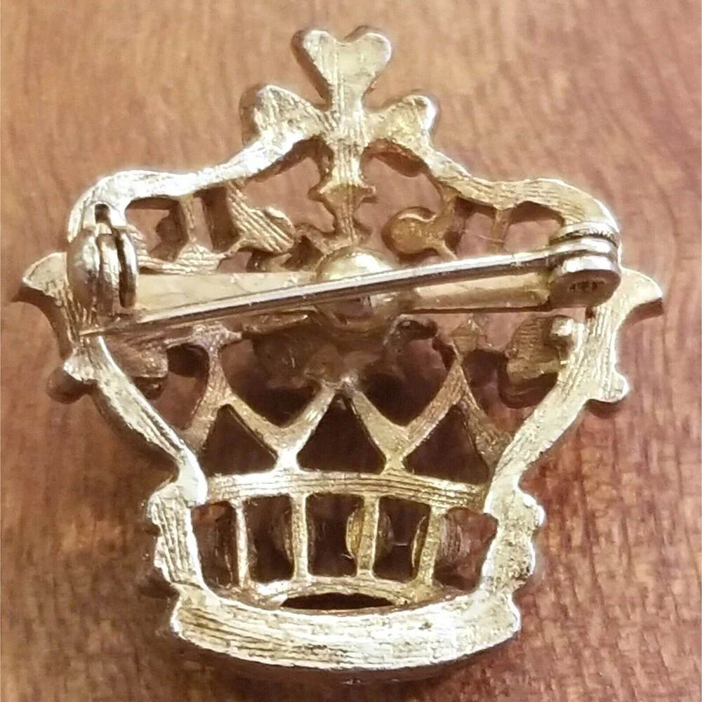 Vintage Irish Shamrock Crown Brooch Gold Tone Set w/ Faux Emerald Rhinestones
